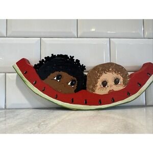 Hand Crafted Wood Watermelon Slice Chunk Hand painted With 2 Little‎ Girls